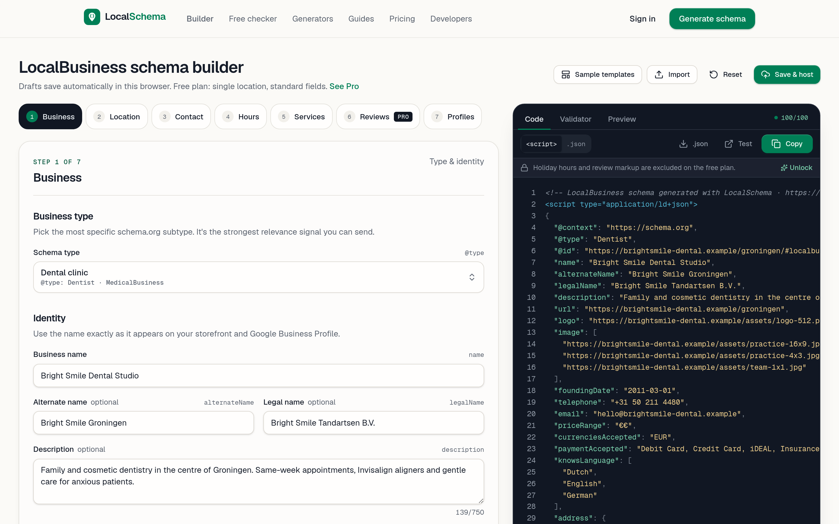LocalSchema schema builder with business details form, live JSON-LD code and validator score