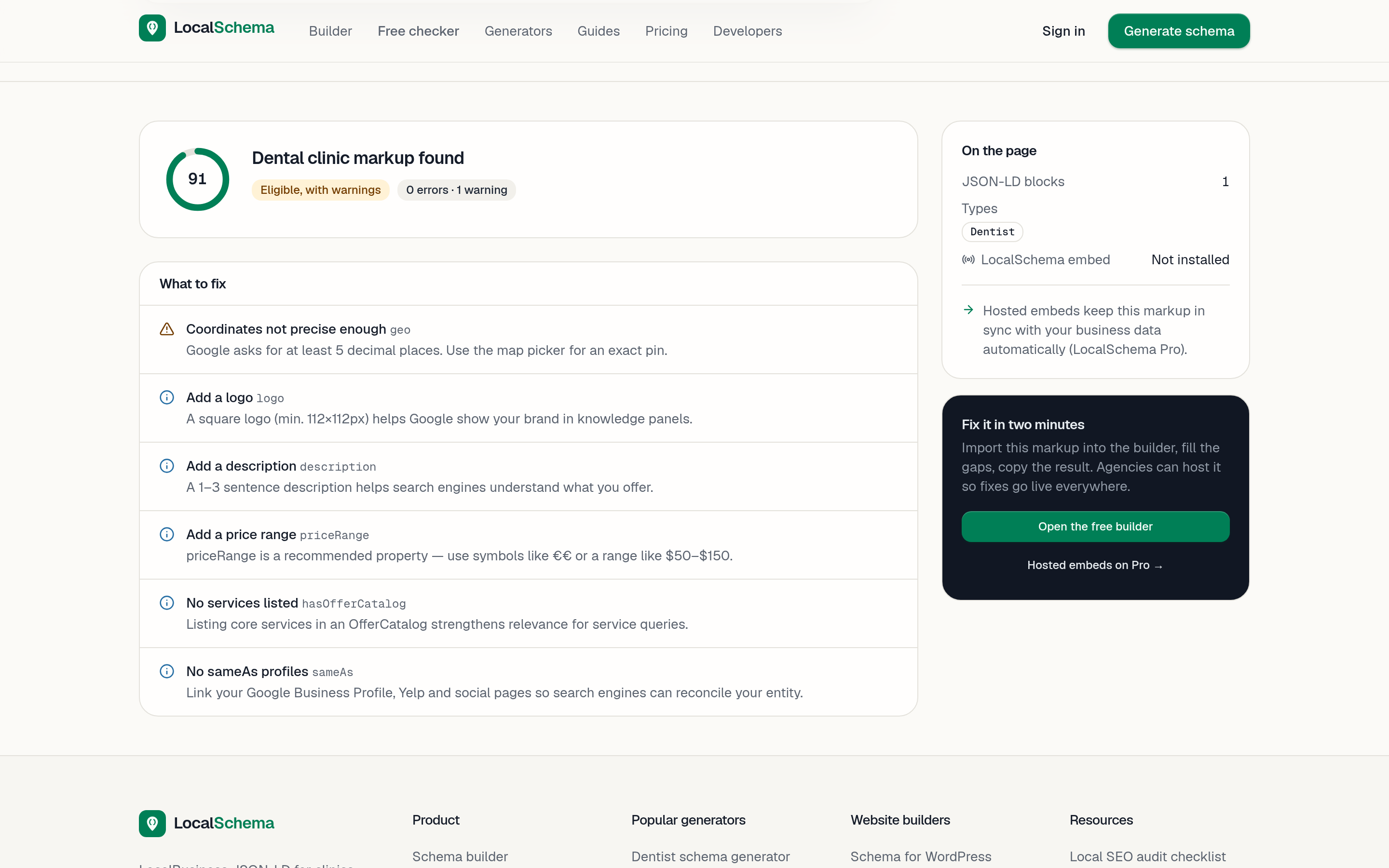 LocalSchema free schema checker showing a validation report with score and issues